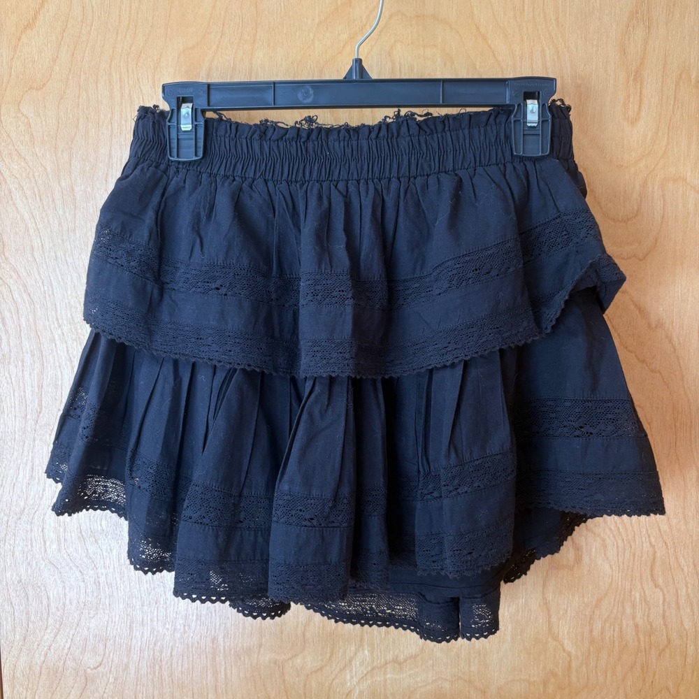 LoveShackFancy Ruffle Mini Skirt Women S Black Lace Tiered Smocked Cotton